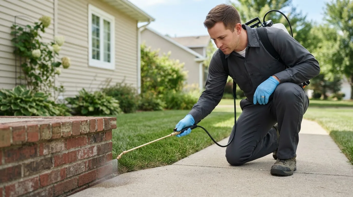 Pest control technician treating a home near Burlington, IL
